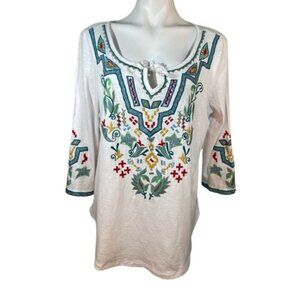 Soft Surroundings Womens top size large white floral Embroidered Tunic top boho